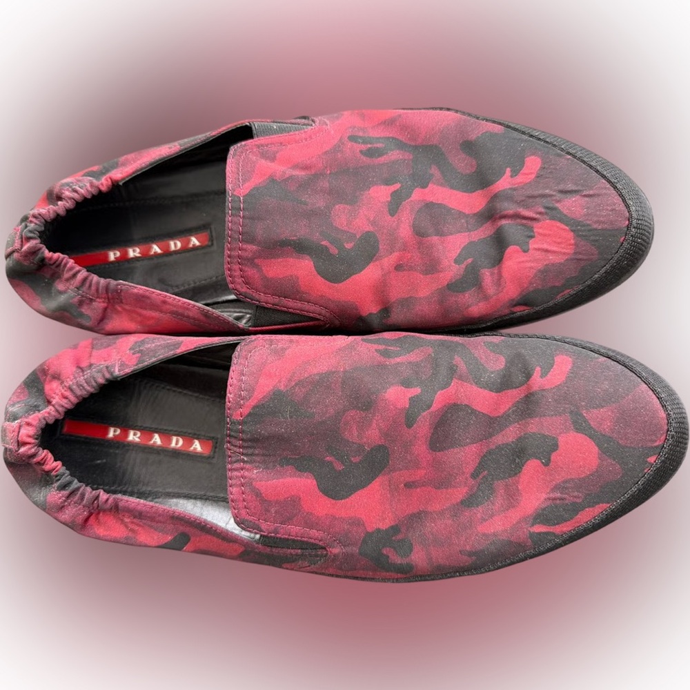 Prada Men's Red and Black Camouflage Loafers